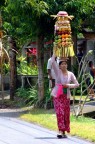 Foto scattata mentre giravamo in macchina a Bali, una donna che porta la frutta per l'offerta al tempio.