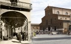 Raffronto della stessa piazza: una cartolina del 1915 con un'immagine attuale ripresa esattamente dallo stesso punto.
I personaggi del passato sembrano guardare incuriositi (e forse timorosi) cosa riserva il futuro.