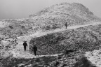 Camminando sull'acrocoro sommitale del Pasubio, nella "zona sacra", attorno a 2100m di quota, in un'atmosfera di poca neve ghiacciata e nebbie ho incorciato questi tre soggetti armati di fucile da caccia e binocoli e agghindati come  cacciatori di tempi lontani. Novembre 2013